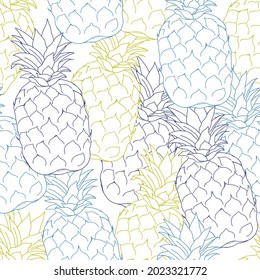 Seamless summer pineapple fruit pattern design. Repeatable endless pattern texture with tropical pineapple fruits drawn in gentle color line, flat vector illustration on white background.