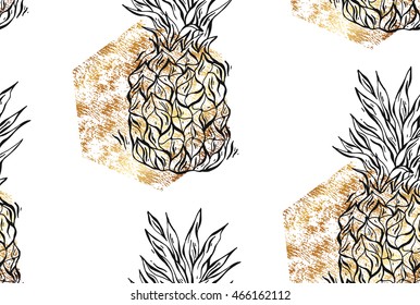 Seamless summer pineapple with gold texture isolated on white background. Seamless pattern in vector. Fruit illustration