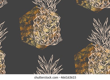 Seamless summer pineapple with gold texture isolated on black background. Seamless pattern in vector. Fruit illustration