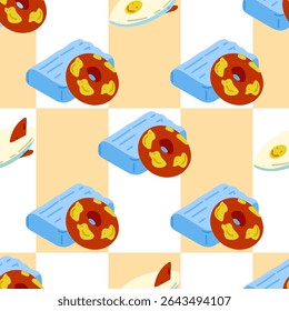 Seamless Summer Pool Float Pattern. Seamless pattern with inflatable pool float, lifebuoy ring, and surfboard. Bright flat cartoon style with beach-themed summer elements on checkered background.