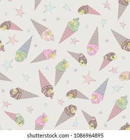 Seamless summer print. The template is drawn in vector. Humorous print with parrots and ice cream on beige background. Seamless texture can be used for Wallpaper, pattern fills, web page background