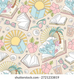 Padrão de leitura de verão sem costura com livros Ondas de sol Flores Óculos de sol e Elementos de praia tropical no estilo de ilustração pastel