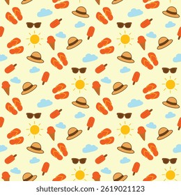 Seamless Summer Repeat Pattern with Beach Elements such as sun hats, sunglasses, ice cream cones, popsicles, fluffy clouds, and a shining sun on a soft pastel background. Perfect for summer-themed 