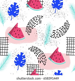 Seamless summer repeating pattern with watermelon and tropical leaves on white background. Good for paper, poster, textile, greeting card design.