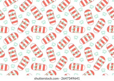 Seamless summer sandal pattern with peach stripes and mint heart lines on white background.