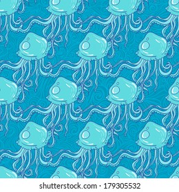 Seamless summer sea animals texture tiling pattern background with meduse.