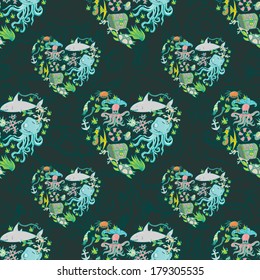 Seamless summer sea animals texture tiling pattern background.