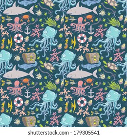 Seamless summer sea animals texture tiling pattern background.
