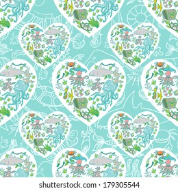 Seamless summer sea animals texture tiling pattern background.