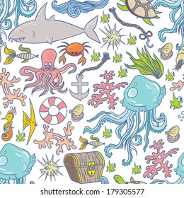 Seamless summer sea animals texture tiling pattern background.