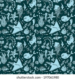Seamless summer sea animals texture tiling pattern background.