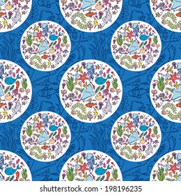 Seamless summer sea animals texture tiling pattern background.