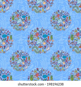 Seamless summer sea animals texture tiling pattern background.