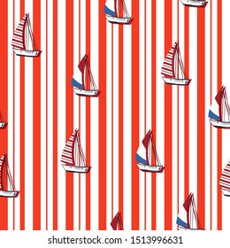 Seamless summer sea and ocean pattern with sailing ships  with red striped background. Nautical pattern