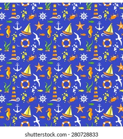 Seamless summer sea pattern isolated on blue background