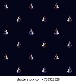 Seamless summer sea pattern with sailing ships on dark navy blue background. Nautical pattern.