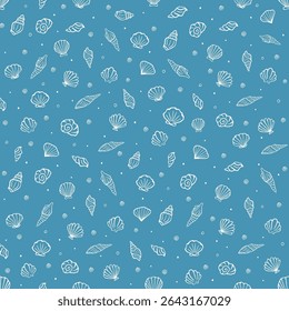 Seamless summer shell pattern with hand drawn sea elements and ocean doodles on blue background for beach fabric, wrapping, textile and wallpaper design