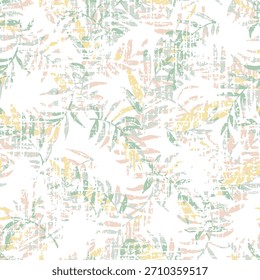 seamless summer small vector green with yellow leaf design pattern on white linen textured background, 