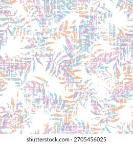 Vector Pequeño de verano sin fisuras rosa con naranja, patrón de diseño de hoja azul sobre fondo texturizado de lino blanco, 