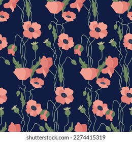 Patrón floral suave de verano inquebrantable.  patrón vectorial plano ummer para tela, textil, papel envolvente, juego de cartas. El diseño de las flores de amapola. Cachorros rojos sobre fondo azul oscuro.