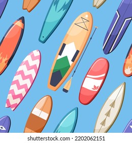 Patrón de deporte de verano sin mar con diferentes tablas de agua, tablas de surf, sopa, surf. Fondo infinito, impresión repetida con material de playa. Diseño de textura para envoltura, tela. Ilustración vectorial plana