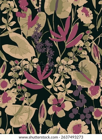 Seamless Summer Spring Floral, Rose, Various leaf, Fabric Print. vector illustration. wallpaper.exotic flower wallpaper combining a multitude of beautiful colours pattern
