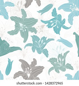 Seamless summer spring lily flower pattern. Elegant exotic blue, grey background. Great as a summer or spring textile print, invitation or packaging. Surface pattern design. Vector illustration.  