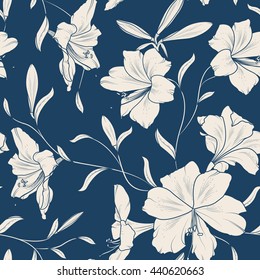 Seamless Summer Spring Lily Flower Pattern. Beige Dark Blue Indigo Background. Vector Illustration. 