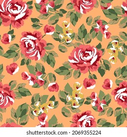 Seamless summer or spring meadow blooming pattern. Plant background for fashion, wallpapers, print. Red, coral and green rose flower on orange. Liberty style floral. Trendy floral design