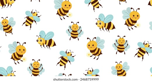 Seamless summer and spring pattern with cute bees on an isolated white background. Vector flat illustration.
Ideal for printing on fabric, wrapping paper. Creative children's background for fabric