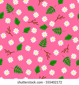 Seamless summer spring pattern with white flowers green leaves and brown branches with pink background