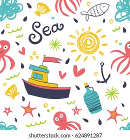 Seamless summer style pattern with steamboat, octopus, anchor, sea, starfish and seashells.