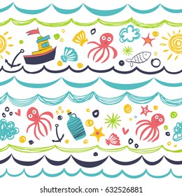 Seamless summer style pattern with steamboat, octopus, anchor, sea, starfish and seashells.