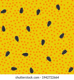 Patrón vectorial de semilla de girasol de verano sin foco. Repetir el fondo floral con adorables elementos florales. Diseño de moda de la impresión de puntos polka amarillos. Ilustración moderna.