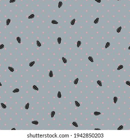 Seamless summer sunflower seed vector pattern. Repeat floral background with cute flower elements. Trendy grey polka dot fashion print design. Modern illustration.