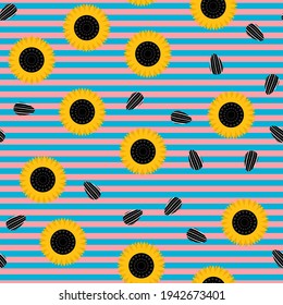 Seamless summer sunflower vector pattern. Repeat floral background with cute flower and seed elements. Trendy pink and blue fashion print design. Modern illustration.
