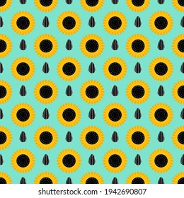 Seamless summer sunflower vector pattern. Repeat floral background with cute flower and seed elements. Trendy mint green fashion print design. Modern illustration.