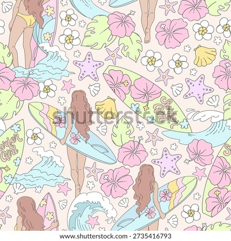 Seamless Summer Surf Girl Pattern with Pastel Tropical Flowers, Waves and Beach Elements, Cute Girly Repeating Illustration for Fabric, Wallpaper, Packaging and Kids Design