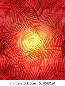 Seamless summer texture with palm branches on orange background. Vector pattern for wrapping paper, wallpaper, fabrics and your design