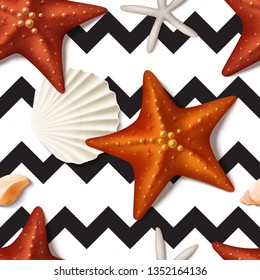 Seamless summer texture with starfishes. Vector illustration with realistic seashells and starfishes on white and black background.