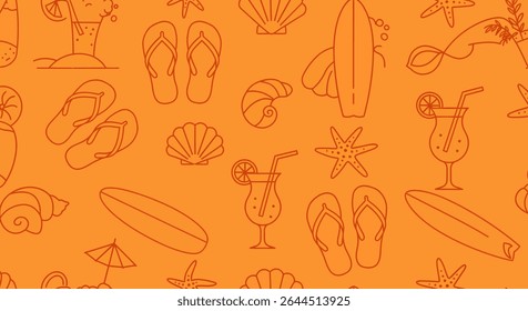 Seamless summer themed pattern with outlined surfboards, cocktails, seashells, starfish, and flipflops on a solid orange background.