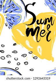 Seamless summer time pattern. Vector hand drawn funny illustration of lemon, dry brush calligraphy