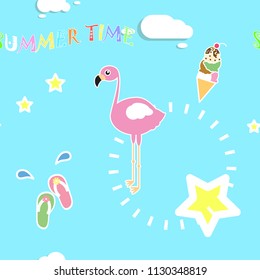 seamless summer time season weather element repeat pattern with  flamingo,sandal,ice cream,star,cloud in blue background flat vector illustration design