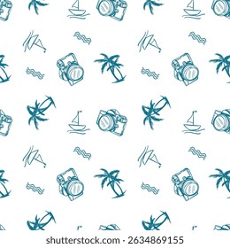 Seamless Summer Travel Pattern with Palm Trees, Cameras, Boats, and Beach Elements – Hand Drawn Doodle Style