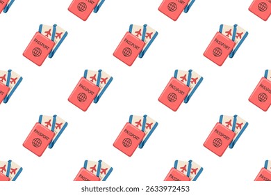 Padrão contínuo de viagem de verão com passaporte e bilhetes, colocado em um layout diagonal repetitivo. Plano de fundo de vetor de estilo de desenho animado