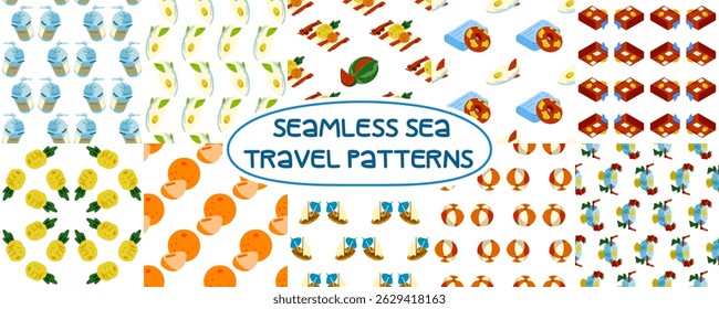 Seamless summer travel patterns merge all these themes into a bright, cohesive set — perfect for fabric, packaging, digital assets, and seasonal content.