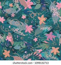 Seamless summer tropical background with exotic palm leaves, plants with a inscription - Aloha. Vector floral background