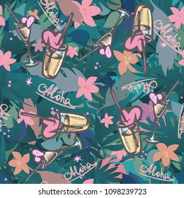 Seamless summer tropical background with exotic palm leaves, plants, cocktails, hearts with a inscription - Aloha. Vector floral background