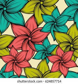 Seamless summer tropical background with exotic flowers, vector illustration.