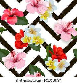 Seamless summer tropical background with tropical flowers and colorful parrots. Vector illustration.